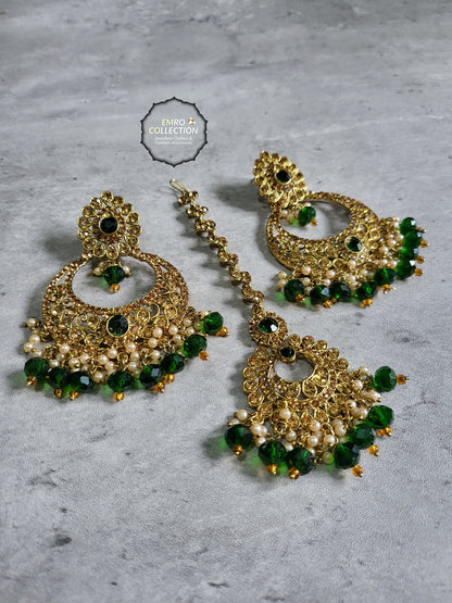 Green earrings tikka set, Dark green earrings, wedding jewellery, High quality Indian jewellery! suitable for wedding and parties