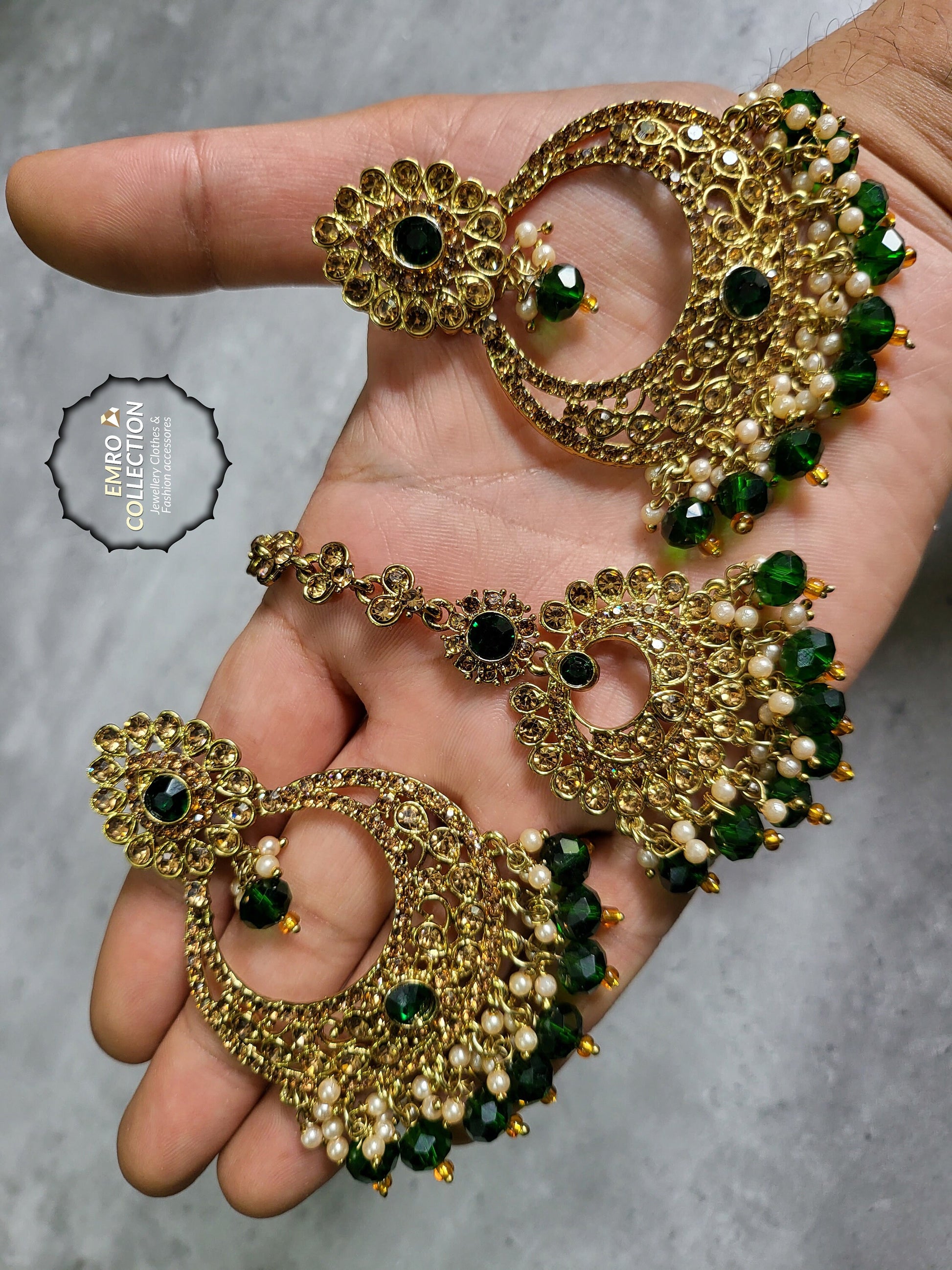 Side angle view of the Green Maang Tikka showing delicate pearl drop and chain attachment details