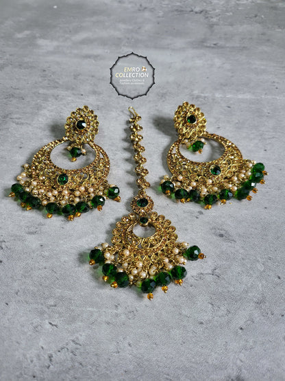 Green earrings tikka set, Dark green earrings, wedding jewellery, High quality Indian jewellery! suitable for wedding and parties