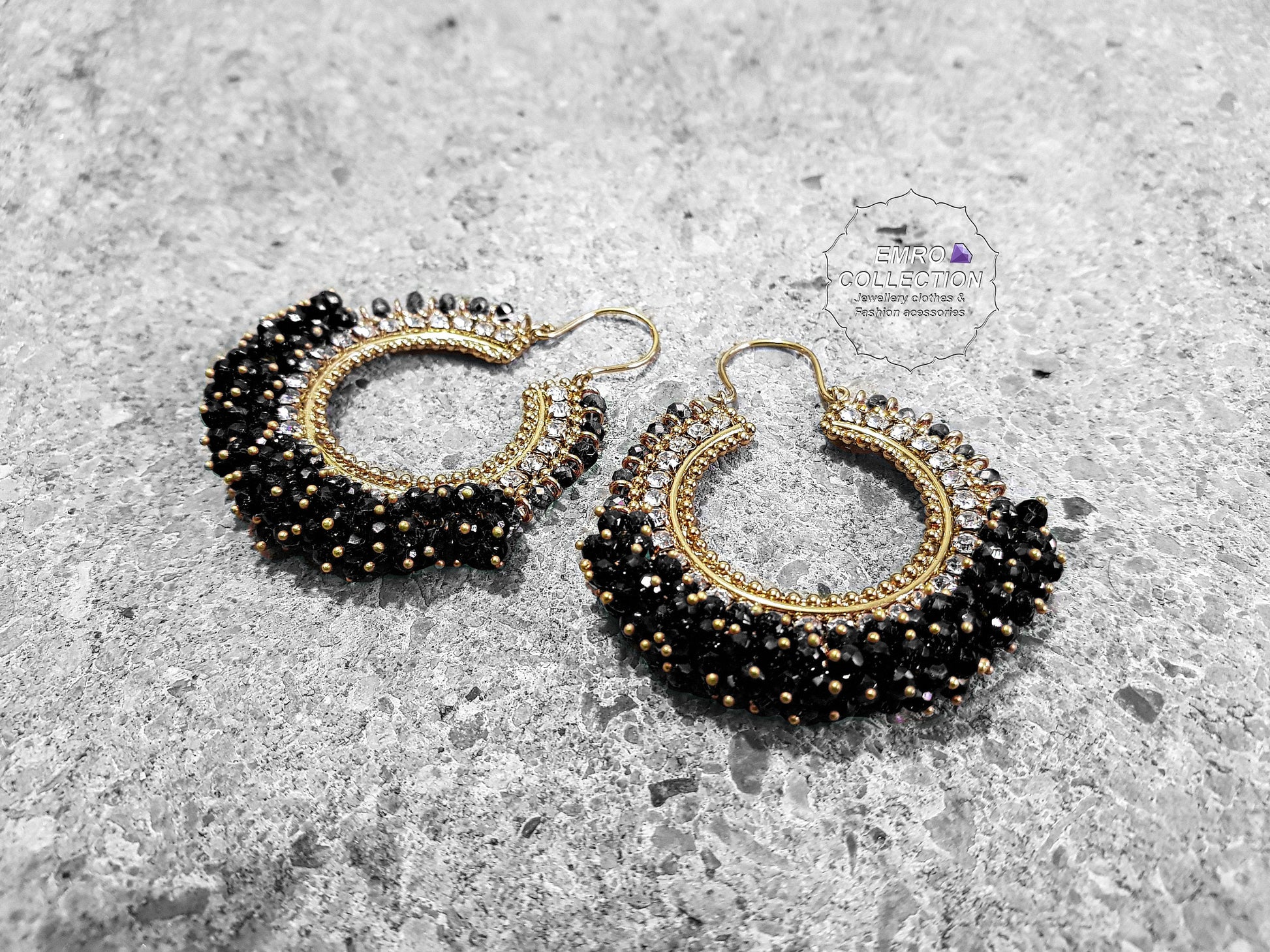 Black earrings, hoop earrings, Pakistani earrings, High quality Pakistani jewellery. suitable for weddings and parties