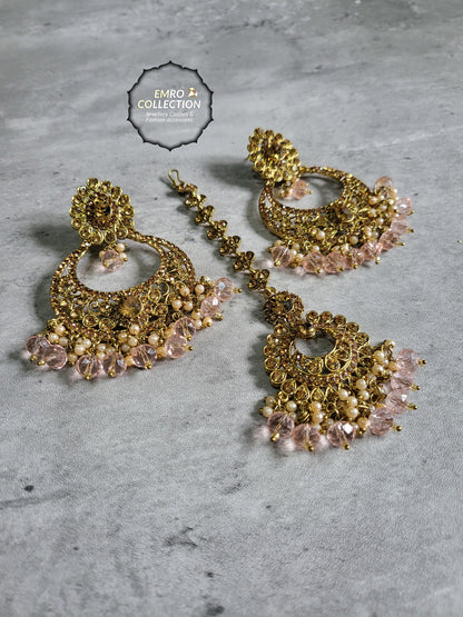 Pink earrings tikka set, baby pink earrings, wedding jewellery, High quality Indian jewellery. suitable for wedding and parties
