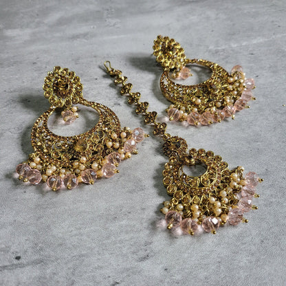 Pink earrings tikka set, baby pink earrings, wedding jewellery, High quality Indian jewellery. suitable for wedding and parties