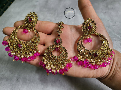 Pink earrings tikka set, shocking pink earrings, wedding jewellery, High quality Indian jewellery. suitable for wedding and parties