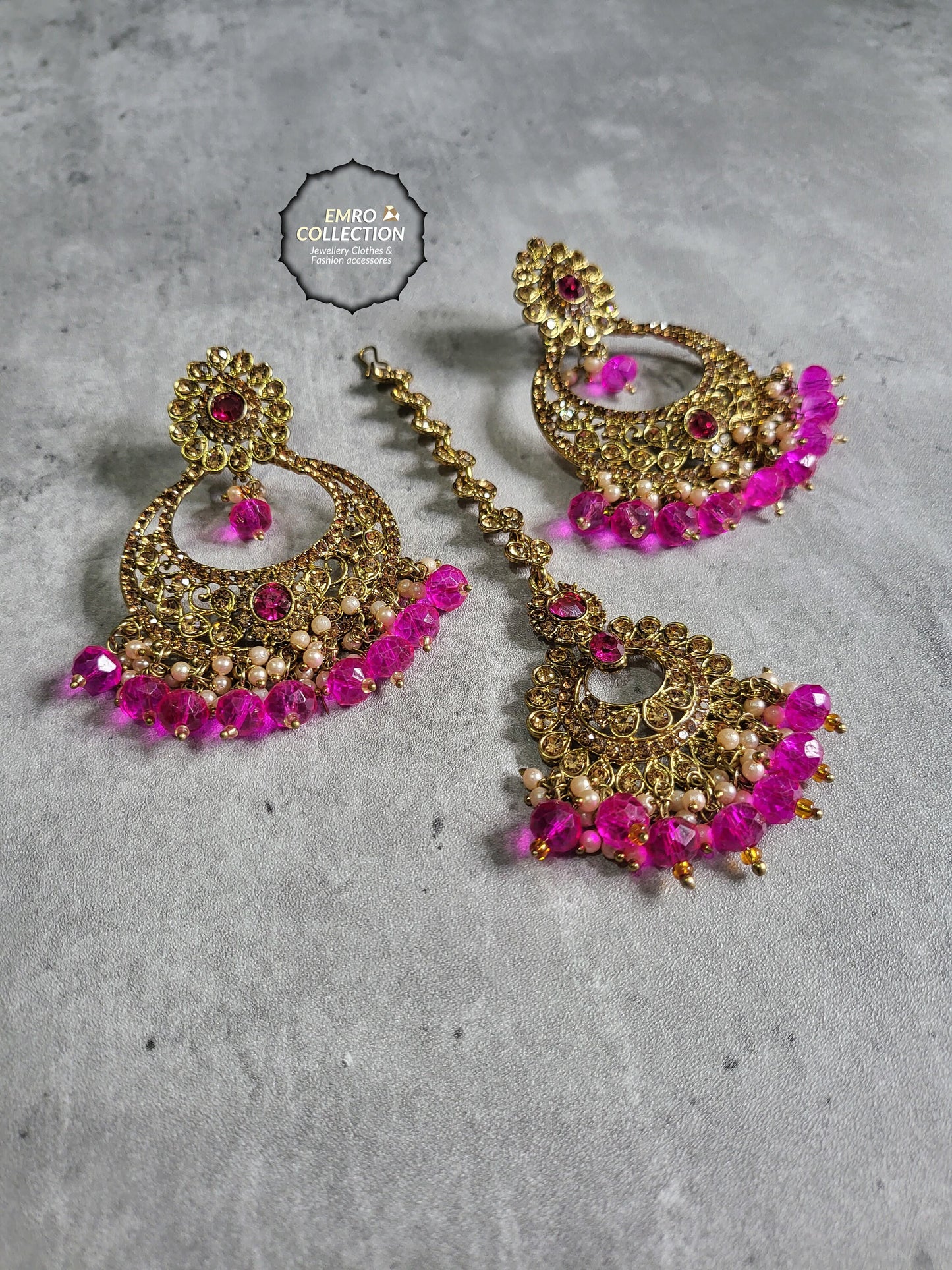 pink earrings tikka set, shocking pink earrings, wedding jewellery, high quality indian jewellery. suitable for wedding and parties