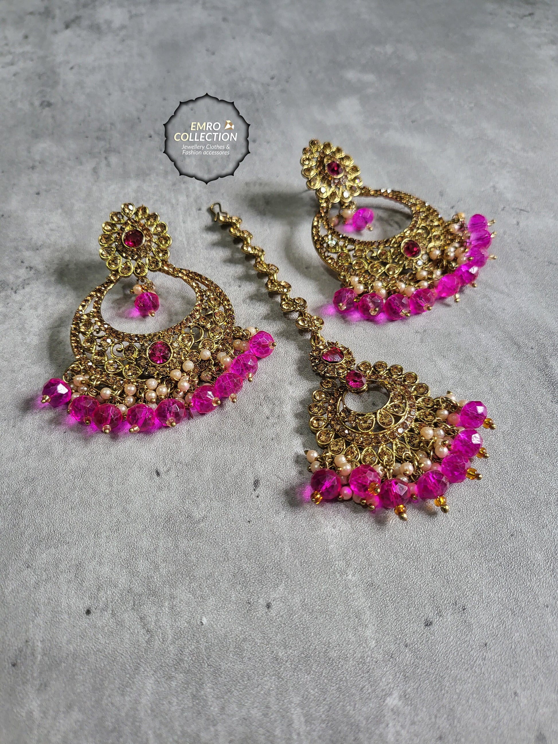 Pink earrings tikka set, shocking pink earrings, wedding jewellery, High quality Indian jewellery. suitable for wedding and parties