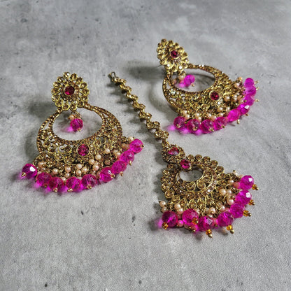 Pink earrings tikka set, shocking pink earrings, wedding jewellery, High quality Indian jewellery. suitable for wedding and parties