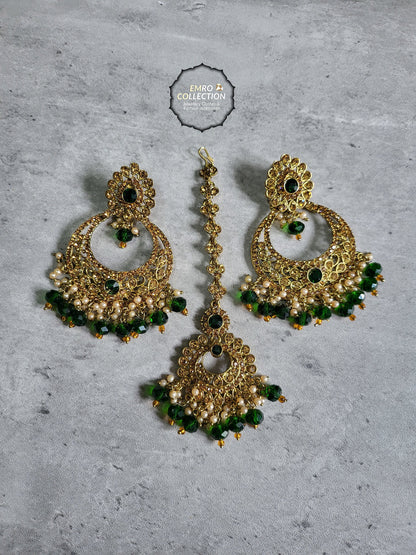 Green earrings tikka set, Dark green earrings, wedding jewellery, High quality Indian jewellery! suitable for wedding and parties