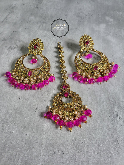 Pink earrings tikka set, shocking pink earrings, wedding jewellery, High quality Indian jewellery. suitable for wedding and parties
