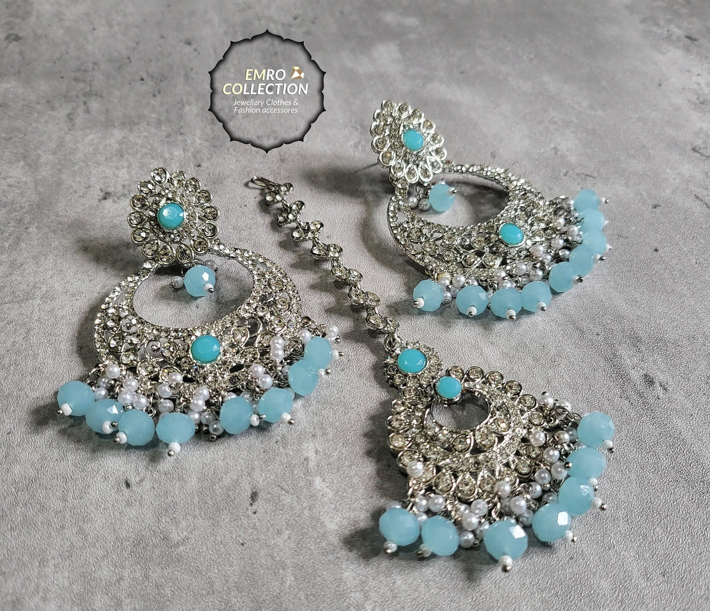 mint blue earrings tikka set, light blue earrings, wedding jewellery, high quality indian jewellery. suitable for wedding and parties