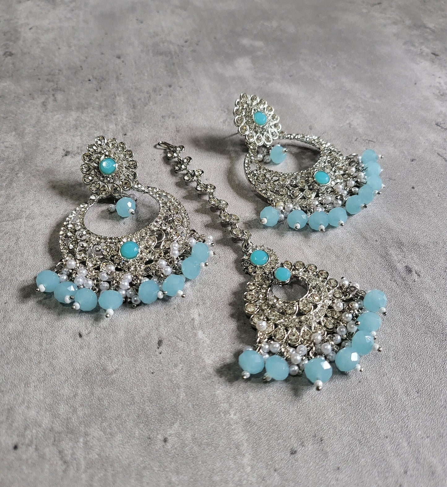 mint blue earrings tikka set, light blue earrings, wedding jewellery, high quality indian jewellery. suitable for wedding and parties
