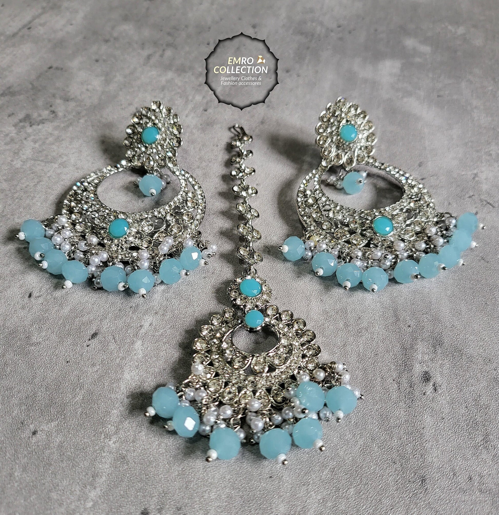 Mint Blue earrings tikka set, Light Blue earrings, wedding jewellery, High quality Indian jewellery. suitable for wedding and parties