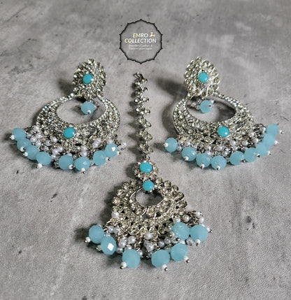 Mint Blue earrings tikka set, Light Blue earrings, wedding jewellery, High quality Indian jewellery. suitable for wedding and parties